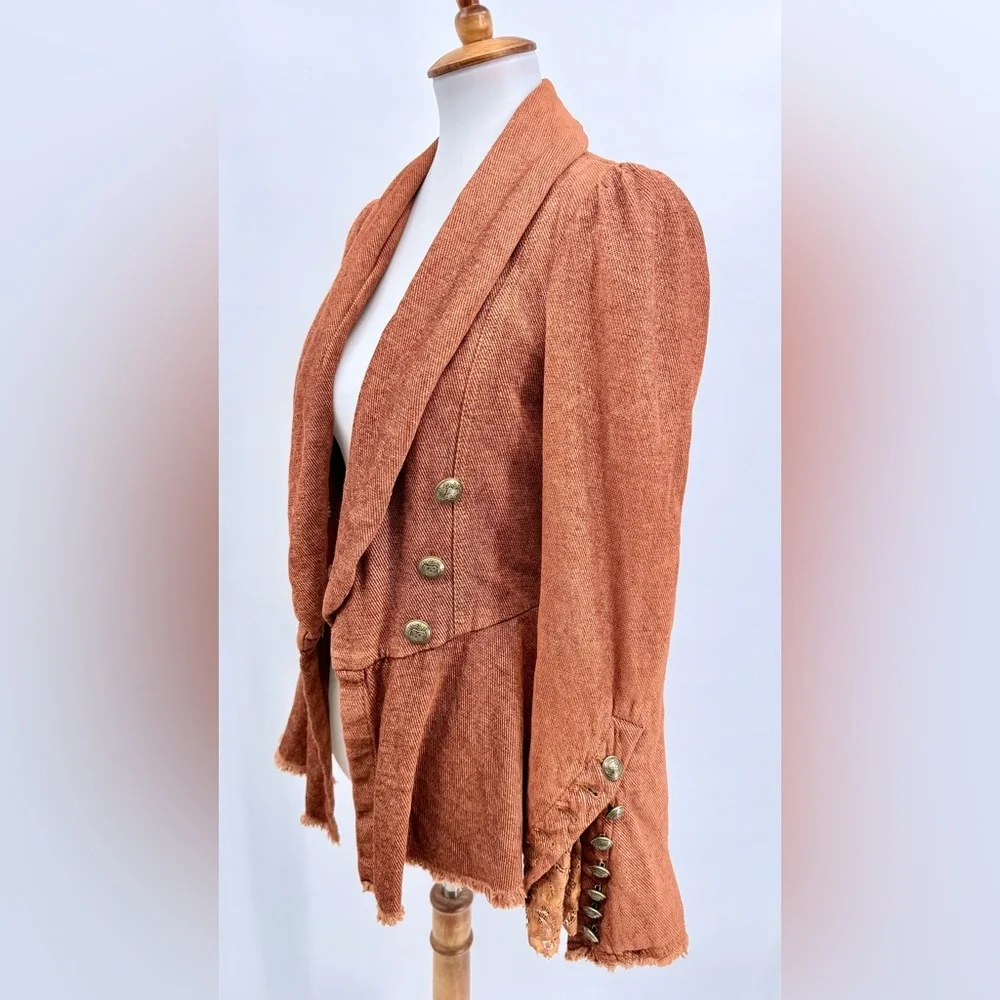FREE PEOPLE Throwback Corduroy Jacket Lace Victorian Gothic Peplum Blazer Rust